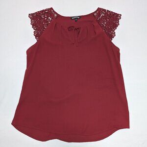 Express Burgundy Lace Slit Short Cap Sleeve Top Tie Front Women's Size Medium